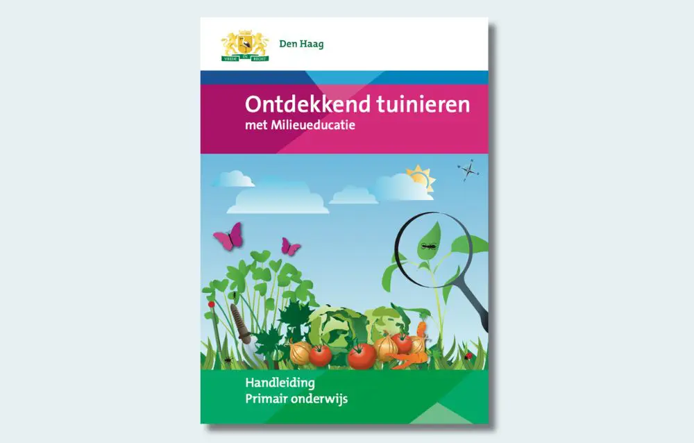 Cover van "Ontdekkend tuinieren met Milieueducatie," met planten, groente en vergrootglas.