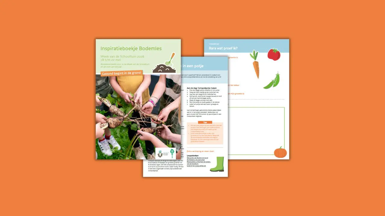 Drie pagina's van een inspiratieboekje over bodemles en groentetuinieren op een oranje achtergrond.