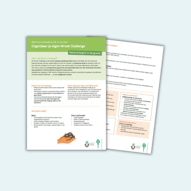 Twee pagina's van een brochure over de Wroet Challenge, met doelen, benodigdheden en activiteiten.