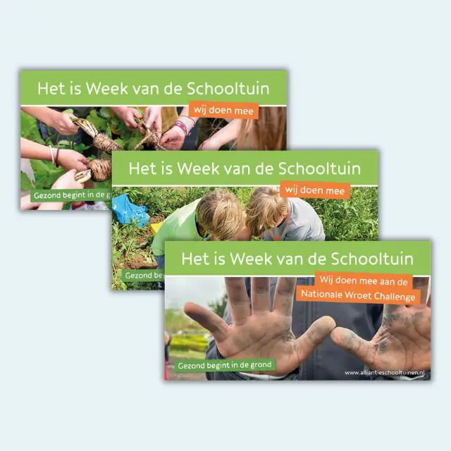 Drie afbeeldingen voor 'Week van de Schooltuin' met kinderen en vuile handen in de tuin.