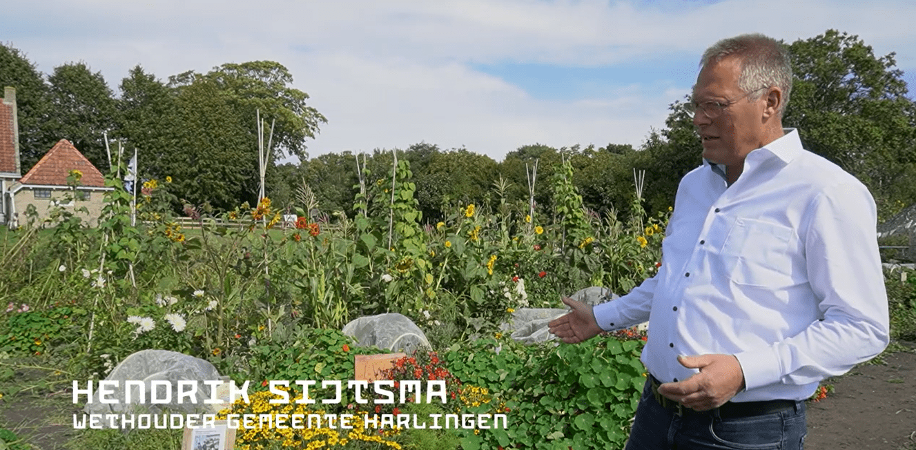 Man in witte blouse toont tuin met zonnebloemen en bloemen, omgeven door groen en een huis op de achtergrond.